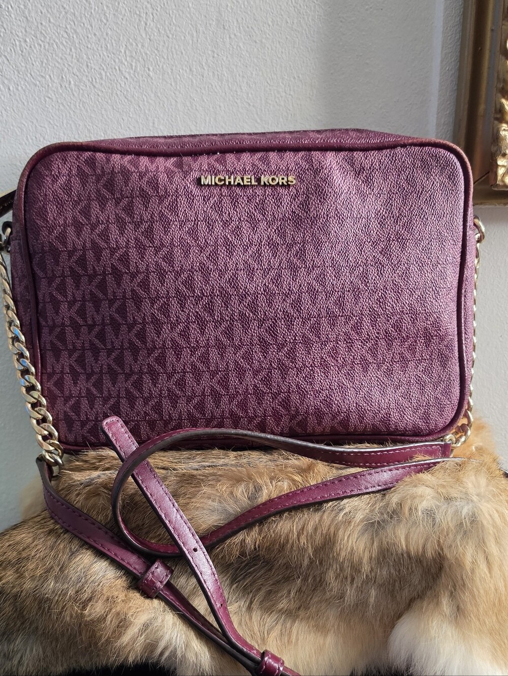 Michael Kors Plum MK Logo Crossbody with Gold-Tone Chain